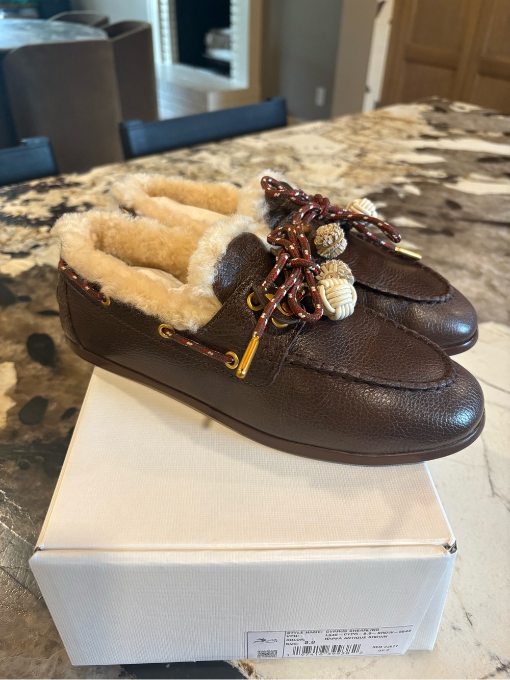Larroude Brown Shearling-Lined Moccasin Loafers with Rope Tassels